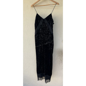 Zara Black Crushed Velvet Slip MIDI Dress Lace Trim Soft Goth Fairy Grunge Small